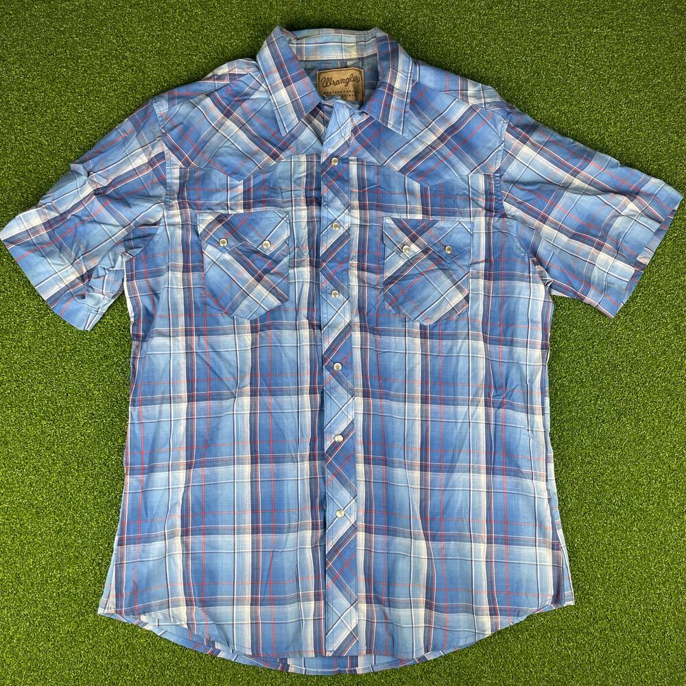 Vintage Wrangler Western Fashion Blue Plaid Short Sleeve Pearl Snap Shirt Sz L